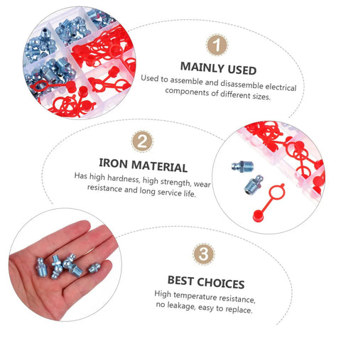 Zerk Nipples Fitting Assortment Kit With Covers For Auto And Machinery Lubrication Includes Straight 90 Degree And 45 Degree Fittings Durable Iron Grease Nipples Set For Easy Versatile Applications Workshop Ready displayed with features and red covers
