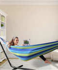 Ultra Comfy Cotton Hammock Portable Camping Hammock For Hanging With Tree Straps Sturdy Garden Fabric Hammock Up To 660 Lbs Includes Travel Bag Great For Camping Outdoor Indoor Patio Backyard Relaxation in living room
