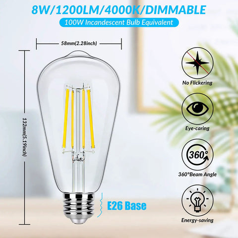 Dimmable Vintage LED Edison Bulbs 8W to 100W Equivalent, ST58 Cool White 4000K, 1200 Lumens, clear glass bulb with E26 base and measurements