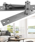 Heavy Duty Stainless Steel Pivot Door Hinge Set Featuring Rock Solid 360 Degree Swinging And No Sweat Floor Mount Adjustment For Wood Floors And Mansions in modern living room setting.