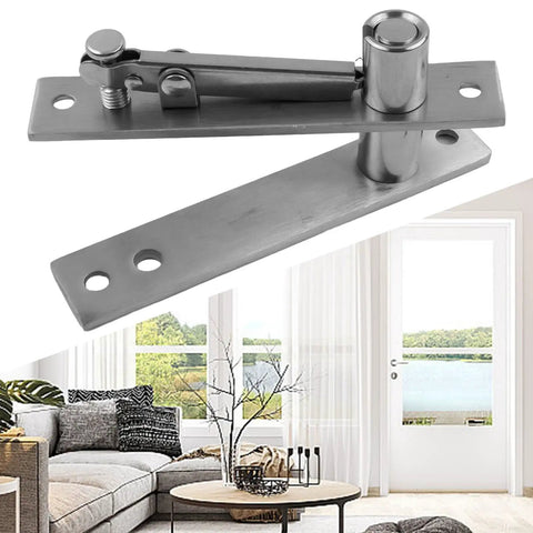 Heavy Duty Stainless Steel Pivot Door Hinge Set Featuring Rock Solid 360 Degree Swinging And No Sweat Floor Mount Adjustment For Wood Floors And Mansions in modern living room setting.