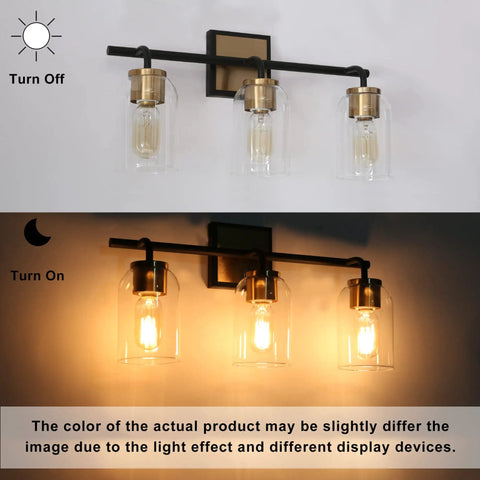 Black And Gold Modern Farmhouse Vanity Light With Copper Accent Socket And Back Plate Three Clear Glass Shades 19.7 Inch Bar
