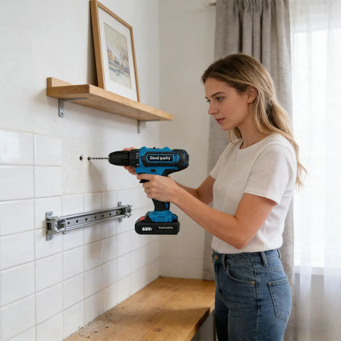 Heavy Duty 21V Brushless Cordless Drill Set With Badass Torque Two Speed Modes And Complete Screwdriver Bits For Concrete Metal Chores And Rapid Pro Diy Builds Today in use, drilling into a wall.