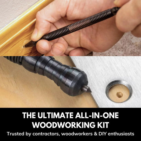 Close-up of 5 Piece Spring Loaded Woodworking Kit No Hammer Needed With Nail Starters showing precise entry point tool use.
