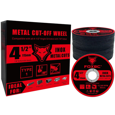 FOXBC 4-1/2 in metal cut-off wheel set for angle grinders, box with two red/black discs