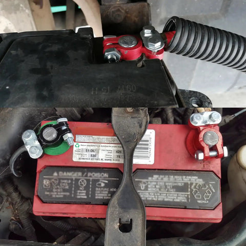 Beefy Battery Terminal Connectors With Anticorrosion Washers And Color Coded Top Post Clamps for reliable car battery hookup.