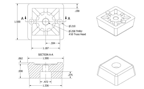 Technical drawing of Eight Pack Workhorse Square Rubber Feet With Stainless Screws Non Marking Furniture Glides dimensions and design.
