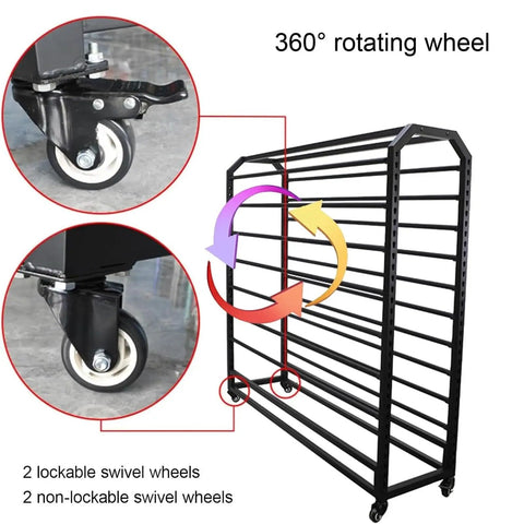 Dang Sturdy Heavy Duty Vinyl Roll Storage Rack, close-up of 360° rotating wheels with lockable feature.