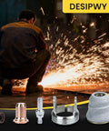 Welder using 23Pcs Plasma Cutter Torch Consumables Set Replacement Parts For PT60 IPT60 PT40 IPT40 Electrodes And Nozzles 1.0mm 0.039in Includes Stand Off Shield Cap Swirl Ring For Cutting Equipment And Welding Machines with sparks flying.