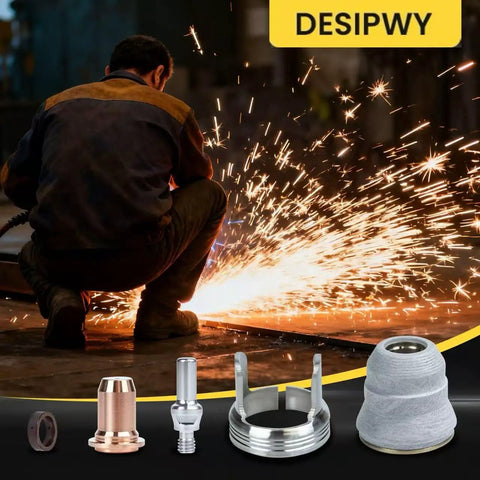 Welder using 23Pcs Plasma Cutter Torch Consumables Set Replacement Parts For PT60 IPT60 PT40 IPT40 Electrodes And Nozzles 1.0mm 0.039in Includes Stand Off Shield Cap Swirl Ring For Cutting Equipment And Welding Machines with sparks flying.