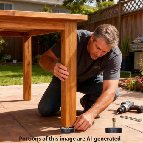 Heavy Duty Rubber Leveling Feet With Legit M8 Metric Threads Adjustable Furniture Glides To Kill Wobbly Tables being installed under a wooden table leg.
