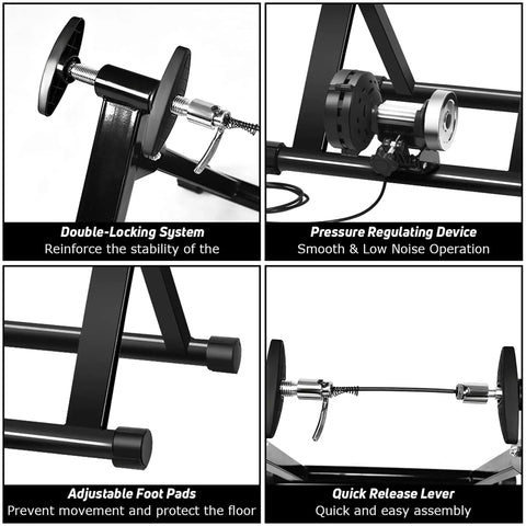 Indoor Bike Trainer Stand With 8 Levels Of Resistance showing double-locking system, pressure device, adjustable foot pads, and quick release.