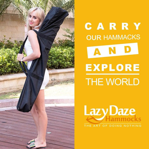 Person carrying hammock in black bag with Lazy Daze Hammocks branding and text saying 'Carry our hammocks and explore the world'.