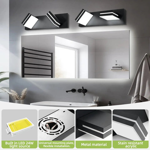 Two Light Bathroom Vanity Light In Matte Black Modern 16W LED Dimmable Over Mirror With 350 Degree Adjustable Head Cold White 6000K ETL Listed 15.5 Inch shown above a bathroom mirror.