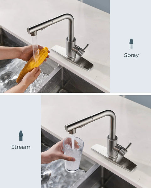 Sleek Pull Down Kitchen Faucet With Single Handle Brushed Nickel Finish Solid 304 Stainless Steel Lead Free Ceramic Cartridge in use.