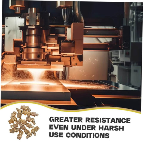 Complete 60-Piece Grease Fitting Kit SAE To 4-28 shown with industrial machinery and sparks, highlighting durability under harsh use.