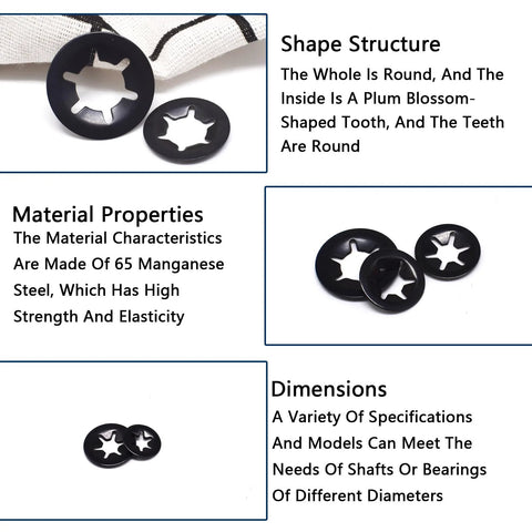 Renashed internal-tooth star lock washers, black oxide finish, 65Mn steel, assorted sizes (M3–M12)