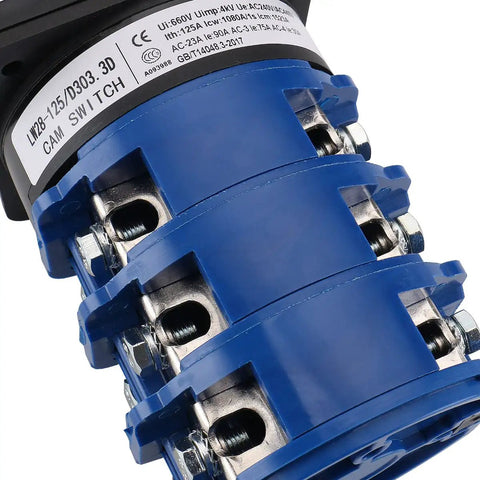 Close-up of a Beefy Heavy Duty Three Phase Rotary Changeover Switch 125A 660V with twelve terminals for industrial panels.