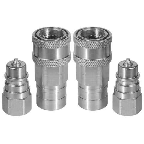 Hydraulic quick-connect coupler set, 4-piece metal Pioneer ISO 5675, 1/4 in NPT threads, front view.