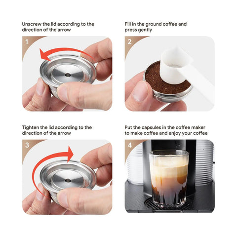 Step-by-step guide to using the Reusable Coffee Pod For Nespresso VertuoLine Machines Compatible With ENV135 ENV150 Plus And GCA1 80ml 2.7oz Double Espresso Capsule Kit With Scoop Brush 5 Silicone Rings Eco Friendly