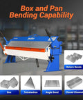 48 Inch Manual Pan And Box Brake For Sheet Metal, 16 Gauge Mild Steel Capacity, 135 Degree Bend, Model PB4816 shown in a metalworking setup