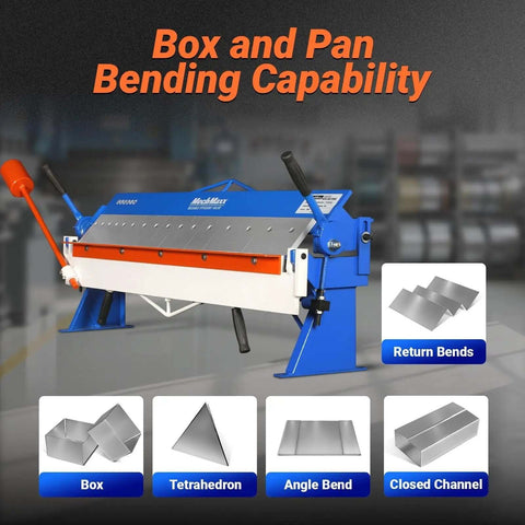 48 Inch Manual Pan And Box Brake For Sheet Metal, 16 Gauge Mild Steel Capacity, 135 Degree Bend, Model PB4816 shown in a metalworking setup