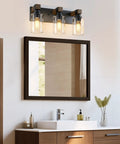 Give Your Mirror Space A Major Glow Up With This Three Bulb Bathroom Vanity Light In Matte Black And Raw Wood Grain Secured By Rock Solid Steel Mounts For Straight Up Rustic Charm above a mirror.
