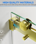 Frameless Sliding Shower Door In Brushed Gold Finish, 60 Inch Wide By 76 Inch High, 8mm Clear Tempered Safety Glass, featuring silent rollers