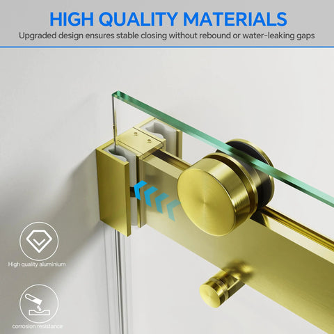 Frameless Sliding Shower Door In Brushed Gold Finish, 60 Inch Wide By 76 Inch High, 8mm Clear Tempered Safety Glass, featuring silent rollers