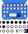 BMW Compatible 21 Piece Wheel Lock Nut Key Kit in blue case with sockets arranged inside