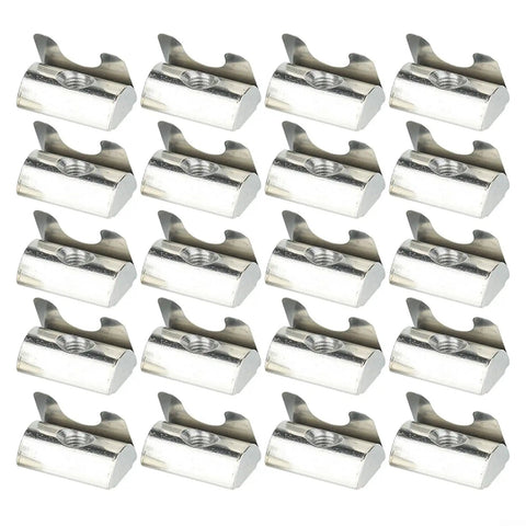 Solar Panel Grounding Nuts Drop-In Style For T Slot Aluminum Extrusion Profiles With 8Mm Groove Heavy Duty Carbon Steel Fasteners Perfect Fit For 30 Series And 40 Series PV System Installation Kits Including 20 Pieces Made To Hold Up Strong, shown in alignment.