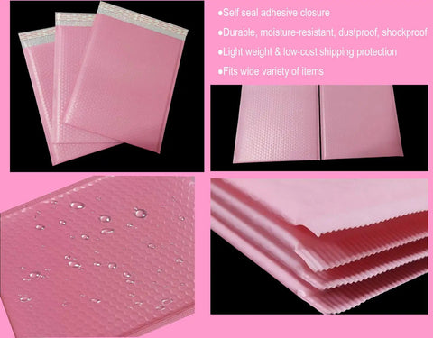 Various views of Pink Bubble Mailers 4x6 Inches 25 Pack Padded Self Seal Envelopes For Quick Ship Waterproof Shockproof And Dustproof Protection.