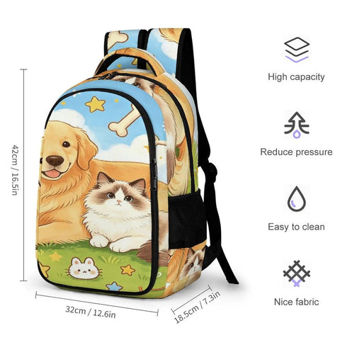 Sunny Grass Pet Duo Printed Unisex Backpack Large Capacity With Durable Polyester, dog and cat print, 12.6 x 7.3 x 16.5 in