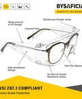 Six Pack Of Crystal Clear Safety Glasses Over Eyeglasses With Kickass Impact Resistant Polycarbonate Lenses, No Sweat ANSI Z87.1 protective eyewear with reinforced temple joints.