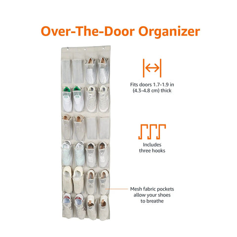 Hassle Free Over The Door Hanging Shoe Organizer Featuring Twenty Four Breathable Mesh Pockets For Sneakers Fresh Kicks And Sandals, includes three hooks.