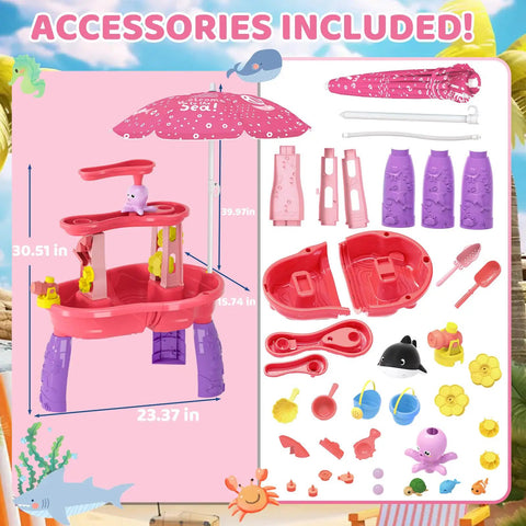 Three Tier Auto Water Absorbing Water Table For Toddlers Aged 3 To 5 Tot Friendly With Pump And Adjustable Umbrella Sun Shade Pink 