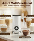 4 In 1 Milk Frother And Warmer For Latte Cappuccino And More Auto Hot And Cold Foam Maker 11.8oz in kitchen setting with drinks