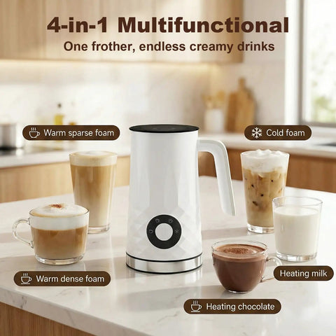 4 In 1 Milk Frother And Warmer For Latte Cappuccino And More Auto Hot And Cold Foam Maker 11.8oz in kitchen setting with drinks