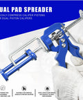 Dual Piston Brake Caliper Compressor Tool For Automotive Brake Pad Replacement with Easy One Hand Squeeze, blue and silver design.