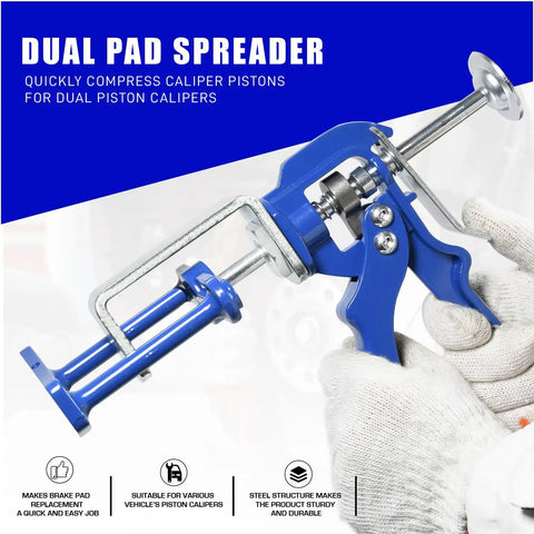 Dual Piston Brake Caliper Compressor Tool For Automotive Brake Pad Replacement with Easy One Hand Squeeze, blue and silver design.