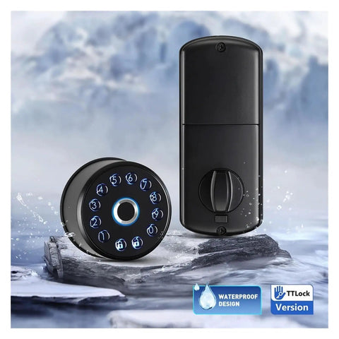 Heavy Duty Drip Proof Smart Deadbolt Lock With Touch Keypad For Front Doors in waterproof environment with round keypad and cylinder handle.