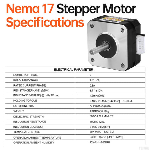 Angled front view of a NEMA 17 stepper motor with silver faceplate, black housing and protruding shaft