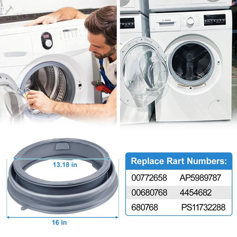 Beefed Up 00772658 Washer Door Boot Seal Replacement Kit with dimensions, compatible with Bosch front-load models.