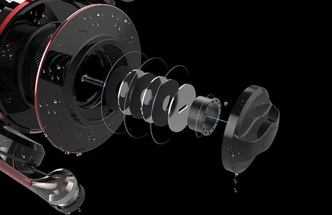 Exploded view of drag system on Beast Mode Baitfeeder III Spinning Fishing Reel Size 6000 with front and rear drag