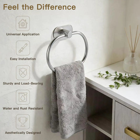 Self Adhesive Towel Ring for Bathroom No Drill Stainless Steel Brushed Nickel Stick On Wall Hand Towel Holder with gray towel