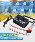 Beefed Up 24V LiFePO4 Battery Charger With 29.2V Output 20A, cables and connectors, RV and marine background