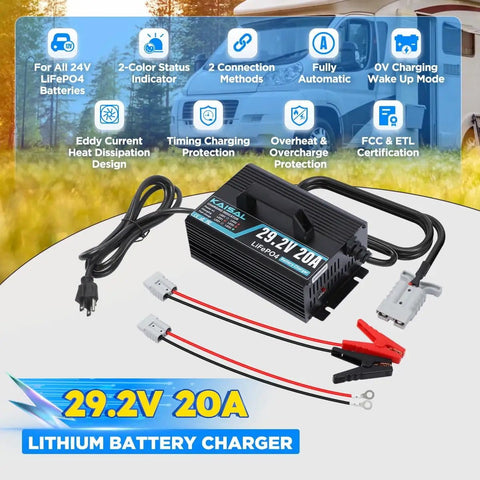 Beefed Up 24V LiFePO4 Battery Charger With 29.2V Output 20A, cables and connectors, RV and marine background