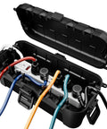 Hella Rugged Outdoor Electrical Box Waterproof Rain Guard Boss Grade Extension Cord Cover with open lid and colored cords inside.