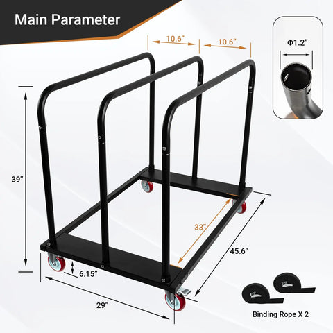 Heavy Duty Steel Panel Cart For Drywall And Lumber, 1800 Lbs Capacity With 5 Inch PU Swivel Wheels frame design and dimensions