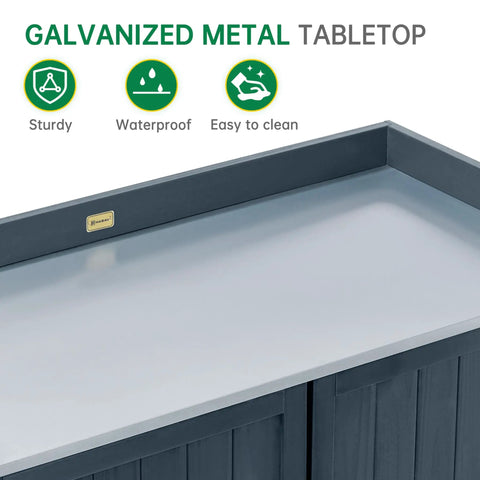 Galvanized metal tabletop of outdoor storage cabinet with potting bench for garden and patio, showcasing weatherproof features.